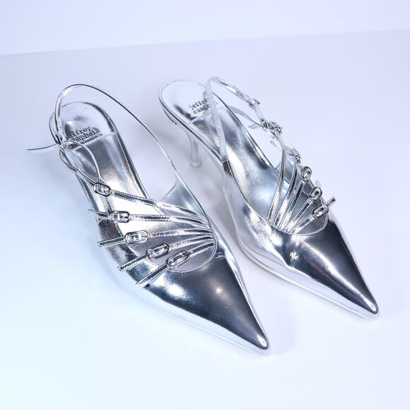 JEFFREY CAMPBELL Lash Sling Back Heel Metallic Silver Buckle Strap Women's 5.5 - Picture 1 of 10